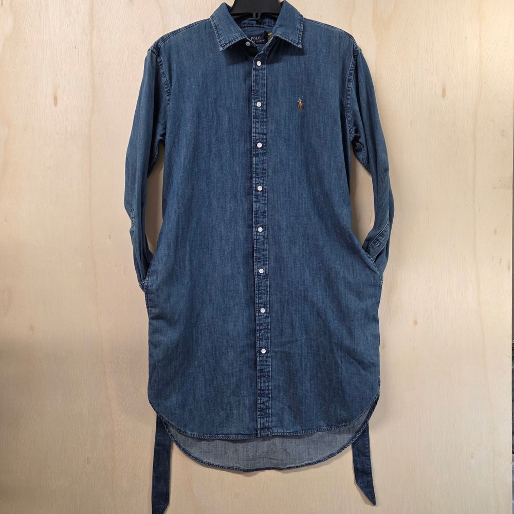 Polo Ralph Lauren Denim Shirt Dress Blue Belted Long Sleeve Midi Size 4 - Picture 10 of 14